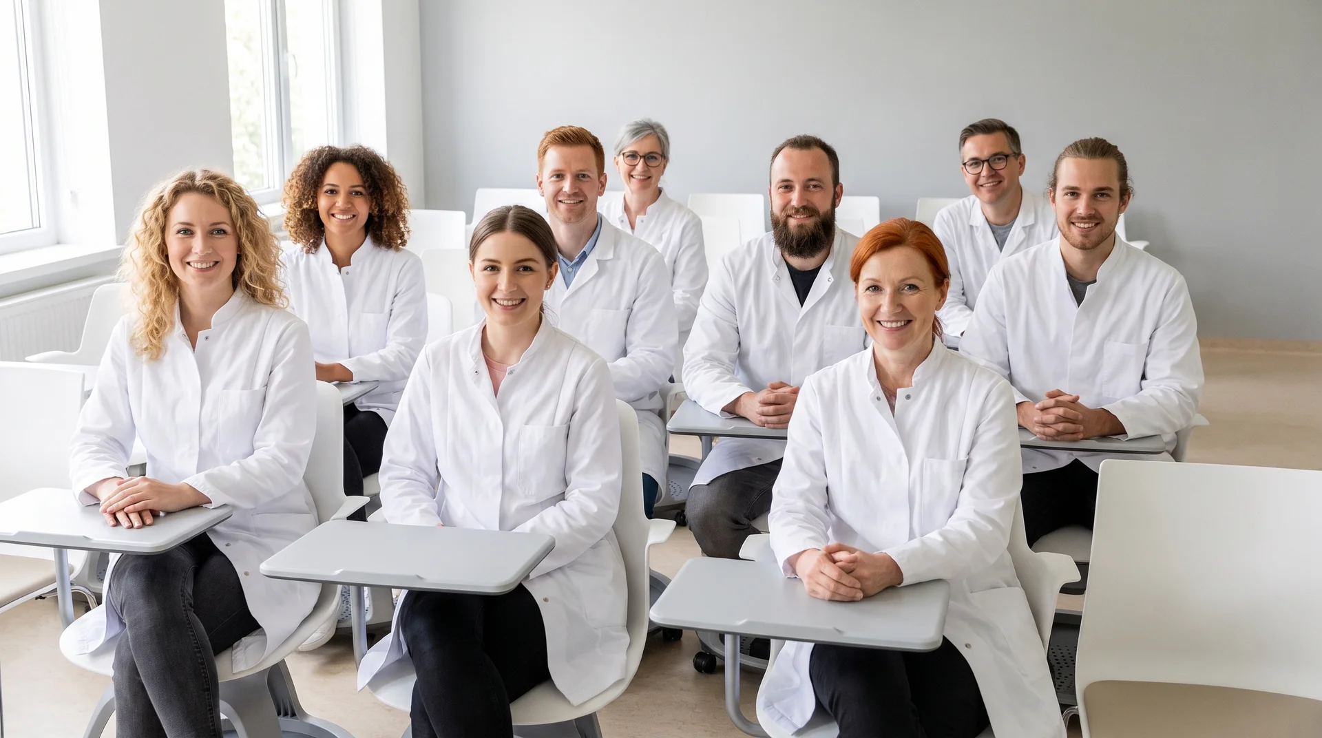 Как стать зубным техником - пошаговое руководство: группа студентов Группа студентов зуботехнического отделения в светлой аудитории